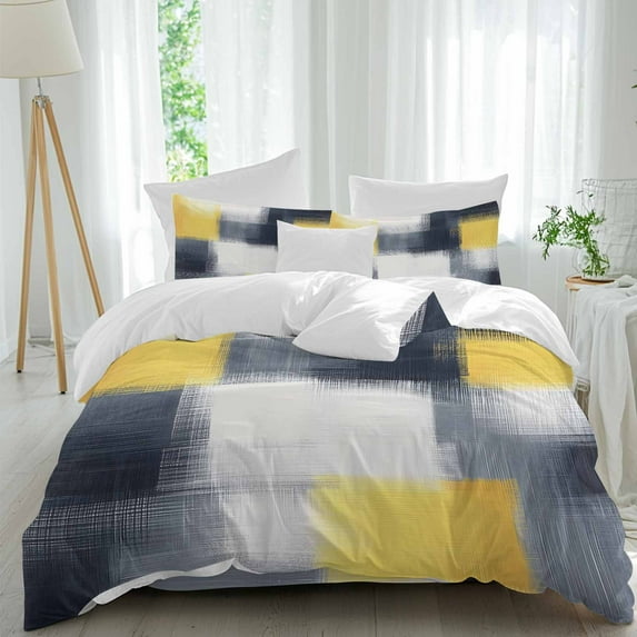 Abstract Yellow Duvet Cover Set California King Size Black Plaid Mottled Geometric Art Modern Soft Lightweight Comforter Covers 4 Piece Bedding Set with 1 Duvet Cover 1 Bed Sheet & 2 Pillow Shams