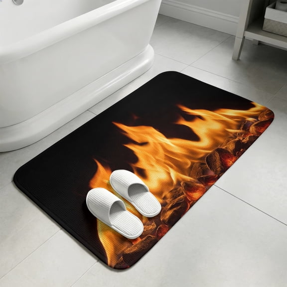 Abstract Yellow Flame Bathroom Rugs Non Slip Washable Bath Mat Absorbent Low Pile Front Door Mat Flickering Fire Pattern Black Indoor Doormat for Kitchen Entryway Shower Decor Accessories 15.7"x23.6"
