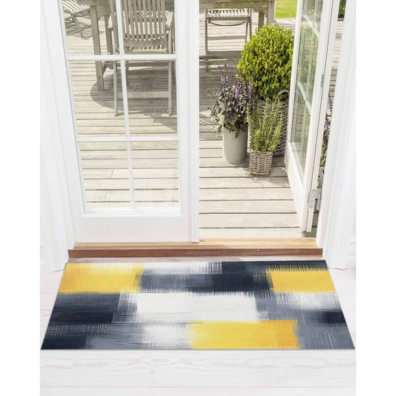 Abstract Yellow Front Door Mat Black Plaid Mottled Geometric Art Modern Welcome Doormat Indoor Outdoor Entrance Floor Mat Non-Slip Washable Runner Rug for Front Porch Decor 18x60 Inch