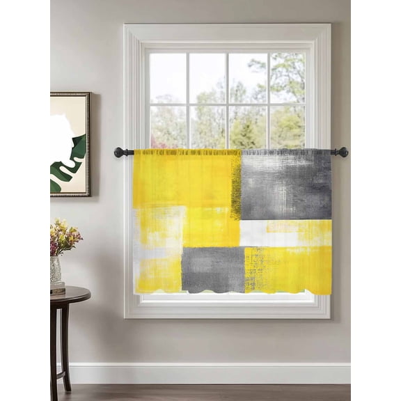Abstract Yellow Gary Paint Sheer Curtains 54 Inch Long 1 Panel Retro Mottled Oil Painting Rod Pocket Voile Cafe Curtains Light Filtering Small Window Treatments for Kitchen Basement 52" x 54"