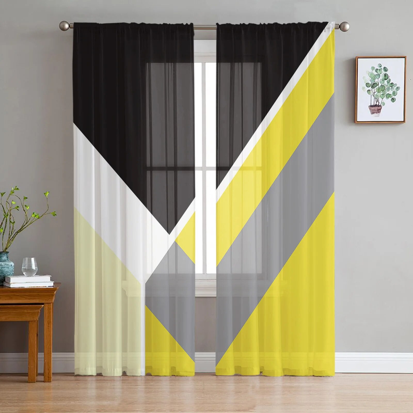 Abstract Yellow Geometric Chiffon Sheer Curtains For Living Room ...