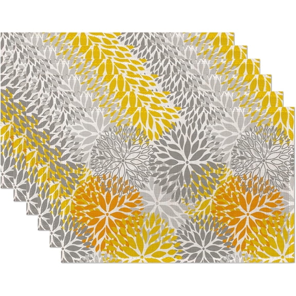 Abstract Yellow Gray Dahlia Flower Placemats Set of 6,Elegant Vinyl Place Mats Heat Resistant Washable Non-Slip Table Mats for Party Kitchen Dining Decor 12x18 Inch