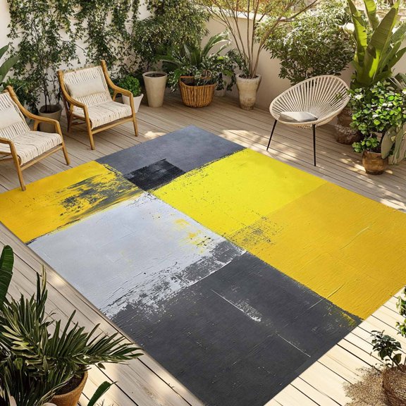 Abstract Yellow Gray Outdoor Rug 3x5 Ft - Reversible Patio Rug Outdoor Camping Rugs, Modern Geometric Oil Painted Washable Indoor Outdoor Area Rugs, Non-Slip Outdoor Carpet Runner for Deck/Porch