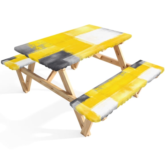Abstract Yellow Gray Paint Picnic Table Cover with Bench Covers Mottled Retro Oil Painting Waterproof Fitted Picnic Tablecloth 3 Pieces Set Table Cloth for Outdoor Camping Garden BBQ