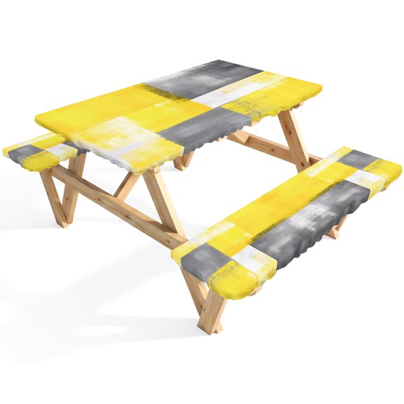 Abstract Yellow Gray Paint Picnic Table Cover with Bench Covers Retro Mottled Oil Painting Waterproof Fitted Picnic Tablecloth 3 Pieces Set Table Cloth for Outdoor Camping Garden BBQ