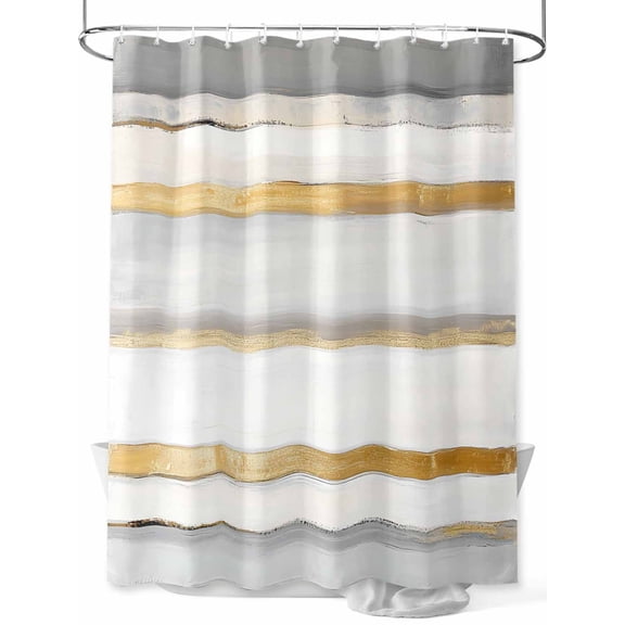 Abstract Yellow Gray White Stripes Shower Curtain, Simple Style Waterproof Shower Curtain Set with 12 Hooks Lightweight Washable Fabric Shower Curtains for Bathroom 72x72 Inches