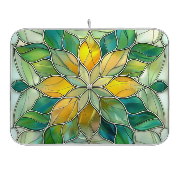 Abstract Yellow Green Floral Stained Glass Dish Drying Mat 16x18 Absorbent Microfiber Draining Rack Pad for Kitchen Counter Sink