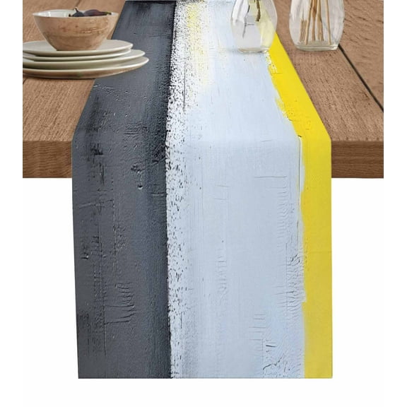 Abstract Yellow Grey Burlap Cotton Table Runner 13x90 Inches Long, Simple Oil Painting Style Art Farmhouse Table Runners, Outdoor Dining Tablecloths Decor for Baby Shower/Party/Wedding