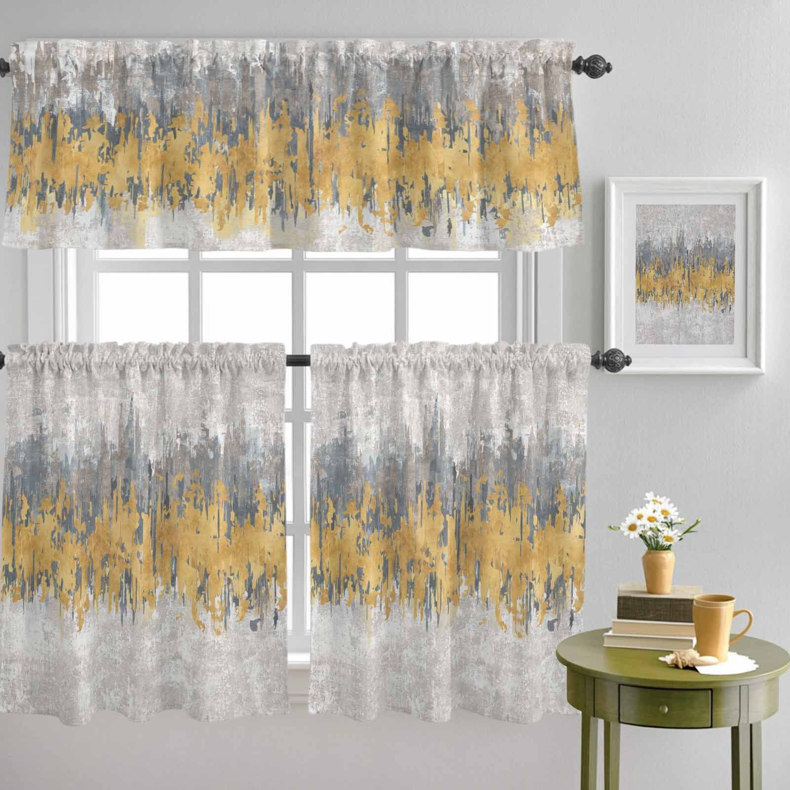 Abstract Yellow Grey Graffiti Curtain Tier and Valance Set 3 Piece ...
