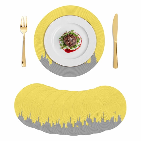 Abstract Yellow Grey Round 13 Inch Placemats Set of 8, Modern Minimalist Graffiti Artwork HeatResistant Non Slip Place Mats for Dining Table, Wipeable Braided Kitchen Table Mats for Housewarming