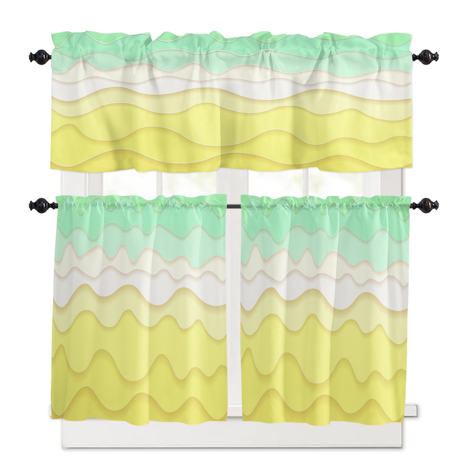 Abstract Yellow Kitchen Curtains Valance and Tier Set Green and White ...