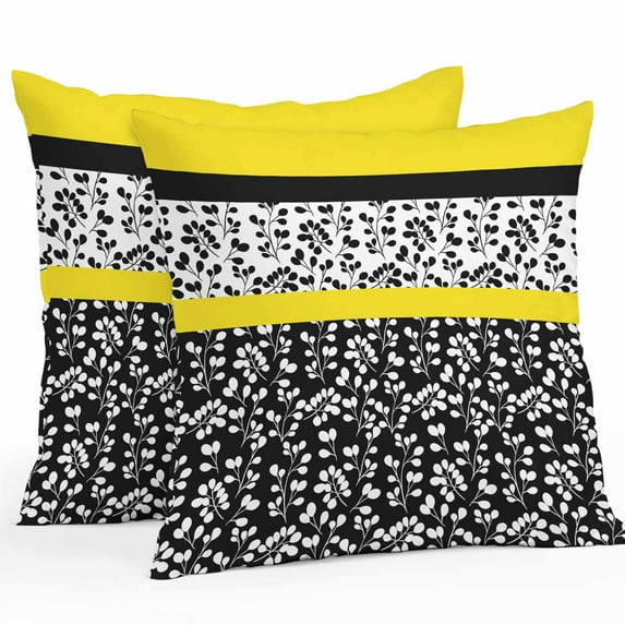 Abstract Yellow Outdoor Pillow Covers Set of 2 Black Stripes Floral Plant Modern Vintage Waterproof Throw Pillow Case Decorative Square Cushion Cover for Patio Couch Garden Balcony, 16"x16"