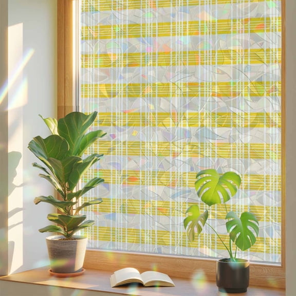 Abstract Yellow Plaid Vintage Grid Window Privacy Film, Rainbow Film Decorative Window Sticker 17.7x39.3in, Retro Farmhouse Style Sun Blocking Static Stained Glass Cling Tint Non-Adhesive