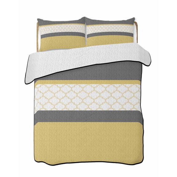 Abstract Yellow Quilts Bedding Set Twin Size Grey Stripes Moroccan Geometric Modern Retro Lightweight Quilted Bedspread 3 Piece Bed Quilt with 2 Pillow Shams All Season for Bedroom 68" x 86"