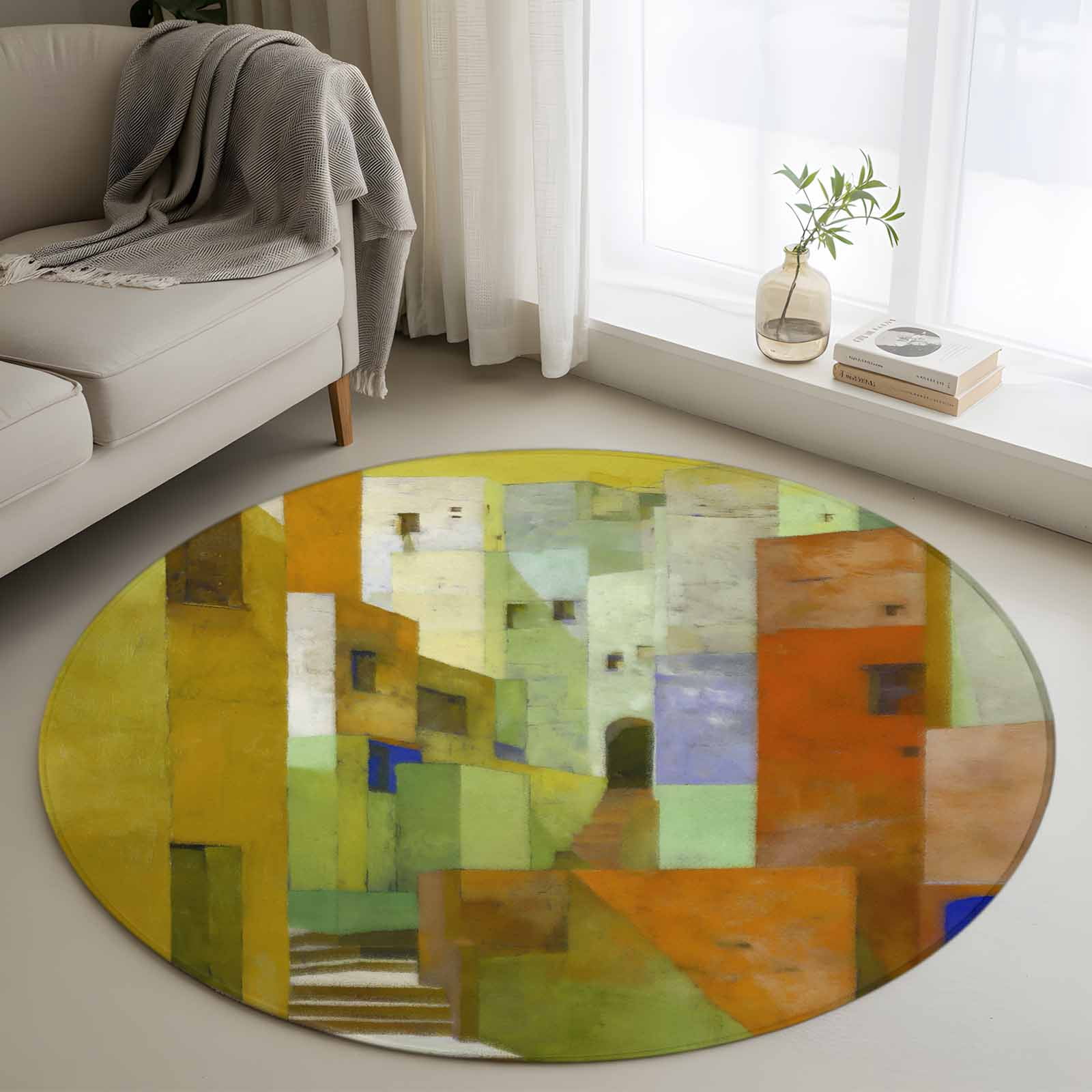 Abstract Yellow Round Area Rug 4Ft Washable Circle Rugs for Bedroom ...
