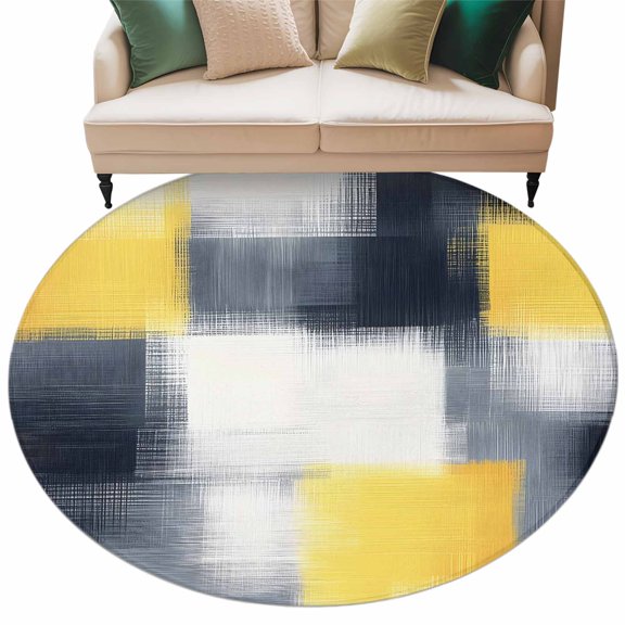 Abstract Yellow Round Area Rug 5ft Black Plaid Mottled Geometric Art Modern Non-Slip Washable Circle Rugs Soft Felt Indoor Floor Mat for Bedroom Kitchen Living Room Bathroom