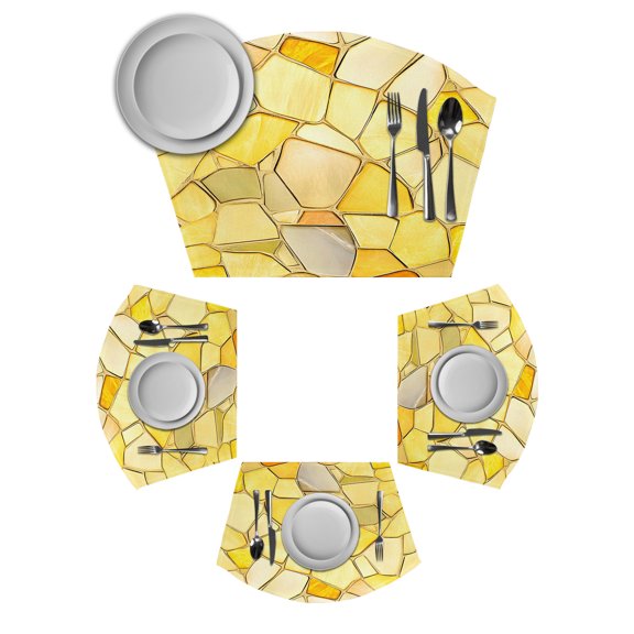 Abstract Yellow Round Table Placemats Set of 2 Wedge Placemats, Modern Crystal Rock Marble Geometric Place Mats for Dining Table Set Washable Mats Kitchen Decor for Indoor Outdoor Wipe Clean