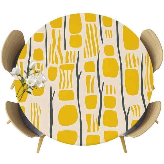 Abstract Yellow Round Tablecloth 55-60 Inch Round Fitted Table Cloth with Elastic Edge, Geometric Color Block Minimalist Waterproof Table Cover Protector for Outdoor Picnic Party Dining