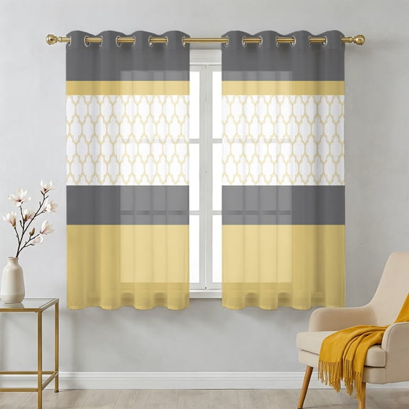 Abstract Yellow Sheer Curtains 39 Inch Long 2 Panels, Grey Stripes Moroccan Geometric Modern Retro Light Filtering Semi Sheer Drapes Grommet Voile Window Curtain for Living Bedroom W27.9 x L39