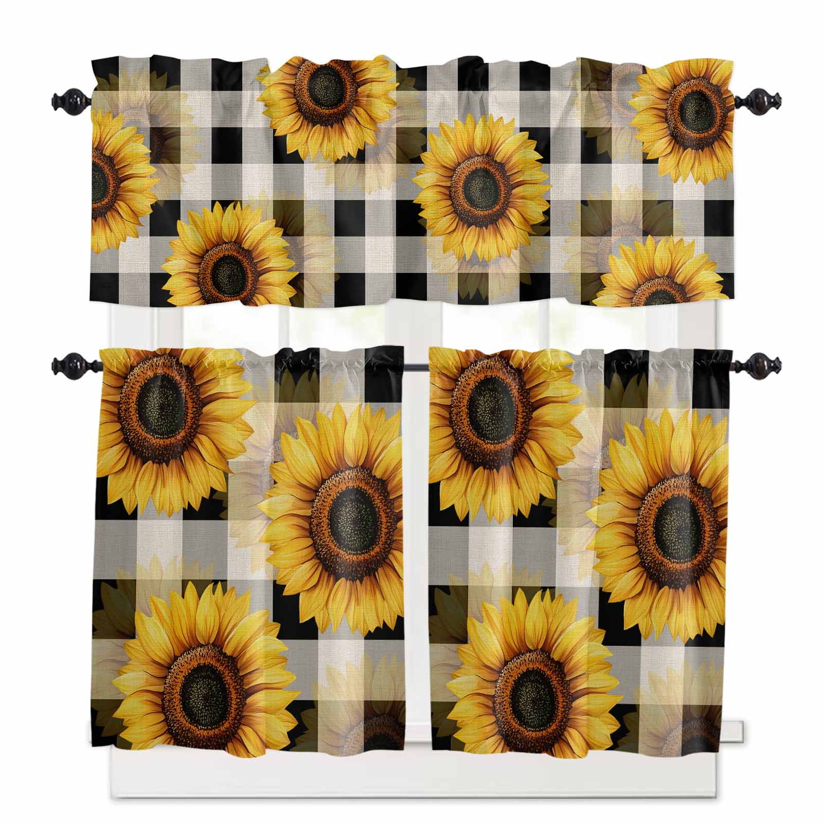 Abstract Yellow Sunflower Kitchen Curtains Valance and Tier Set Black ...
