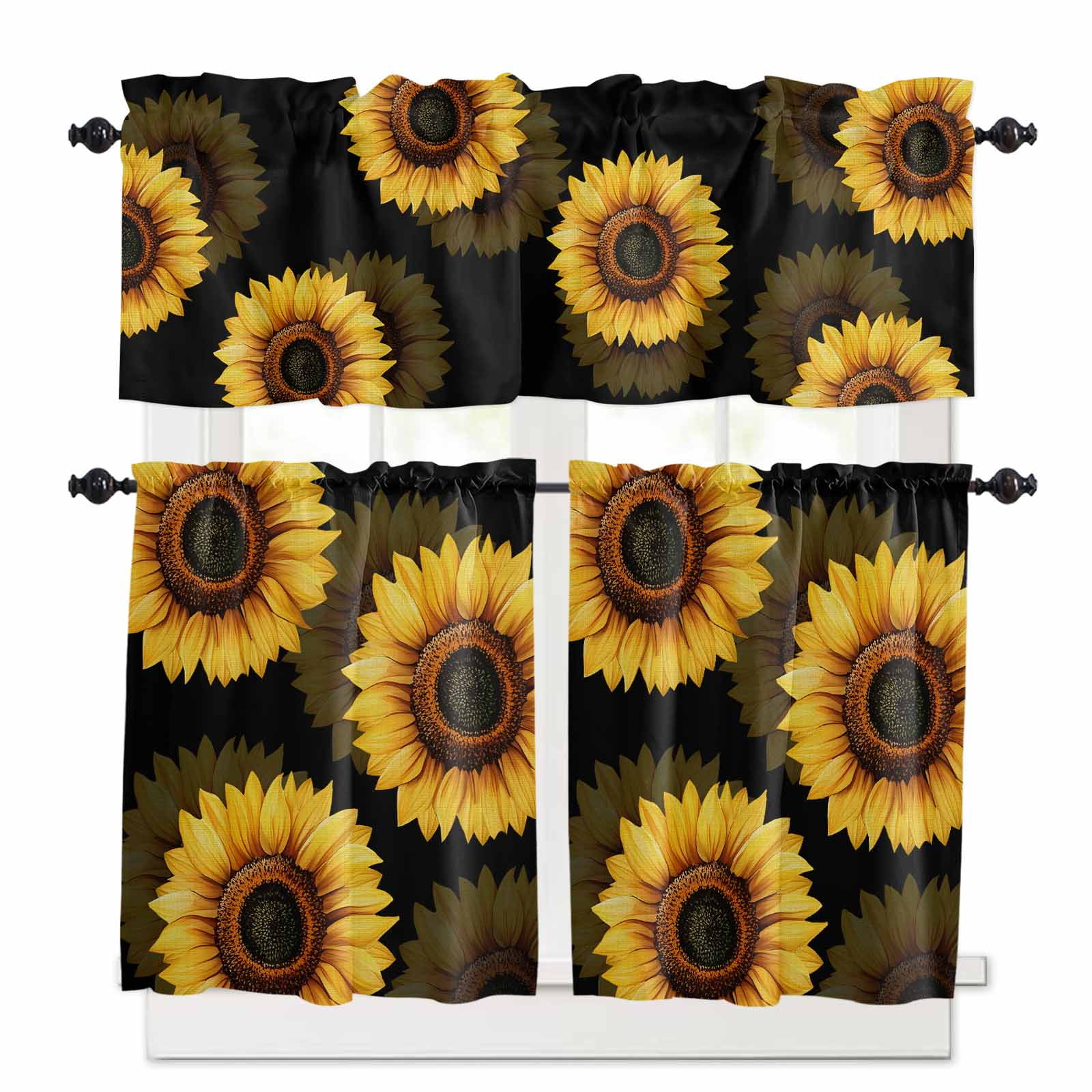 Abstract Yellow Sunflower Kitchen Curtains Valance and Tier Set ...