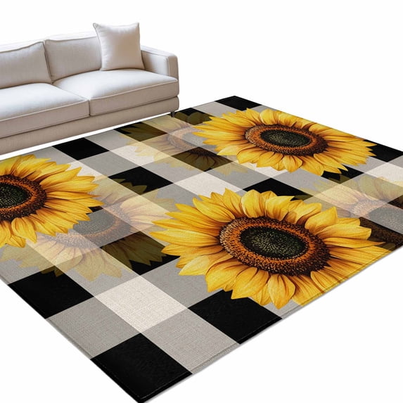 Abstract Yellow Sunflower Large Area Rugs 8x10ft Black White Plaid ...