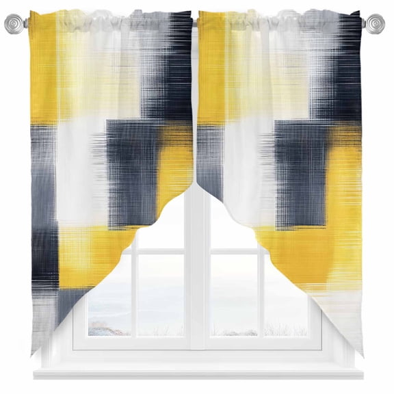 Abstract Yellow Swag Curtain Valance for Windows, Black Plaid Mottled Geometric Modern Art Window Treatments Short Swag Topper for Kitchen Windows Bathroom Bedroom, 36"x45"