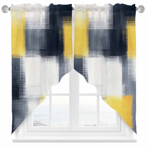 Abstract Yellow Swag Valances for Windows 2 Pack Black Plaid Mottled Geometric Art Modern Swag Kitchen Curtains 36 Inches Long Rod Pocket Short Window Treatment for Kitchen Bathroom 36"x36"