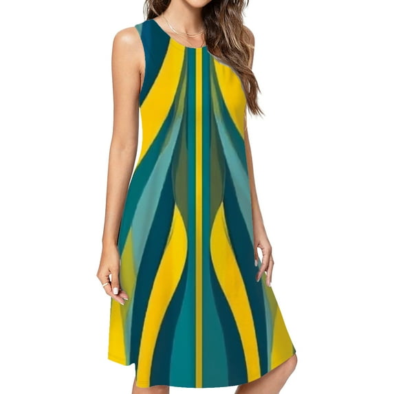 Abstract Yellow Teal Wave Pattern Dress Elegant Party Dresses Evening Dresses Women Dress Sleeveless Dress Ladies Dresses
