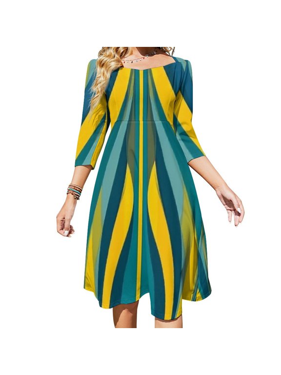 Abstract Yellow Teal Wave Pattern Womens Summer Dress Tie Back A Line Flare Dress
