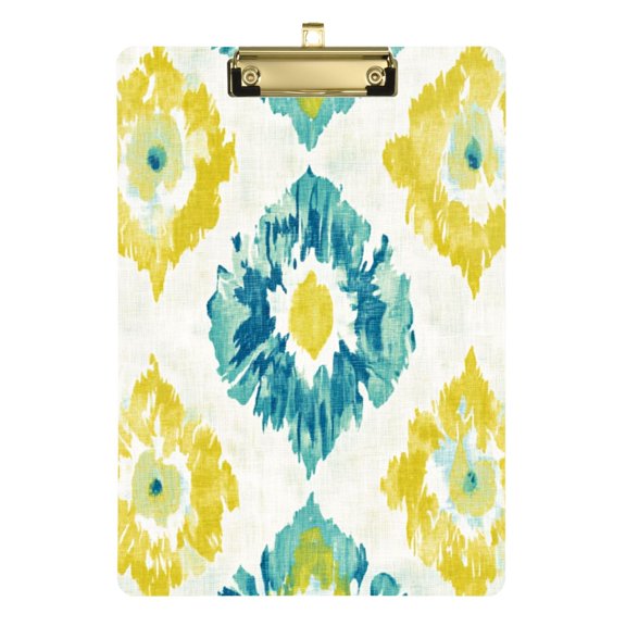 Abstract Yellow Turquoise Pattern Acrylic Clipboard Drawing Board with Hook Writing Pad File Storage A4 Size Gold 12.5" x 9"