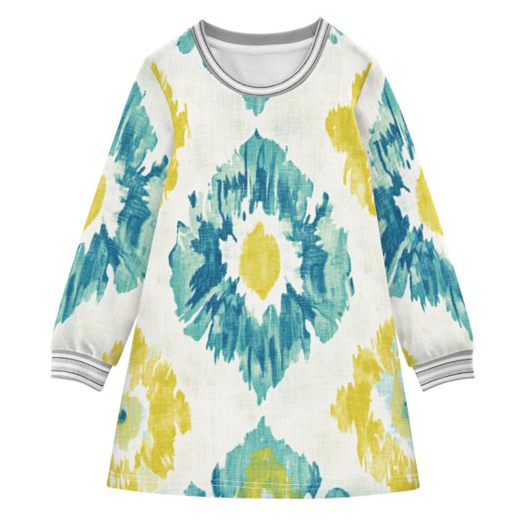 Abstract Yellow Turquoise Pattern Long-sleeved Dress A-line One-Piece Dress for 2-8 Years Casual Party 7-8Y