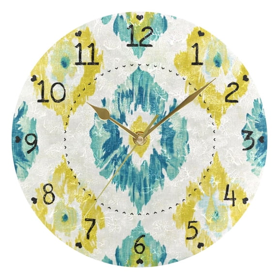 Abstract Yellow Turquoise Pattern Round Wall Clock Silent Analog Battery Operated Gold Pointer Home Decor 9.84" Diameter