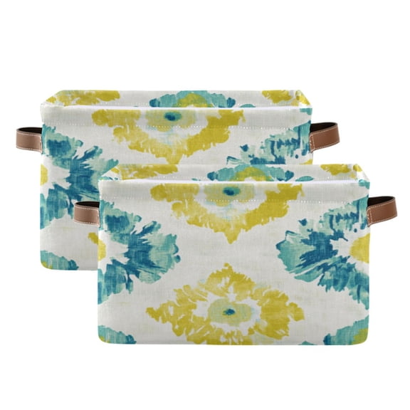 Abstract Yellow Turquoise Pattern Square Storage Bins with Handles Collapsible Containing Box 2 Packs