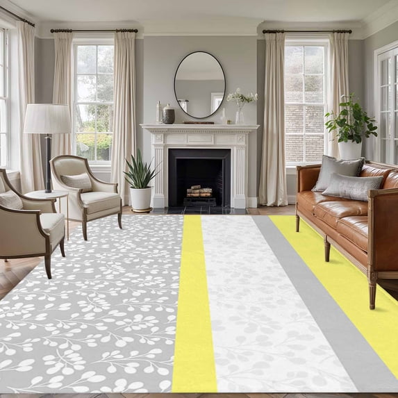 Abstract Yellow Washable Living Room Rugs 6'x9', Grey Stripes Floral Plant Modern Vintage Low Pile Throw Large Area Rug Non-Slip Sturdy Edge Binding Carpet for Dining Room Kitchen Office
