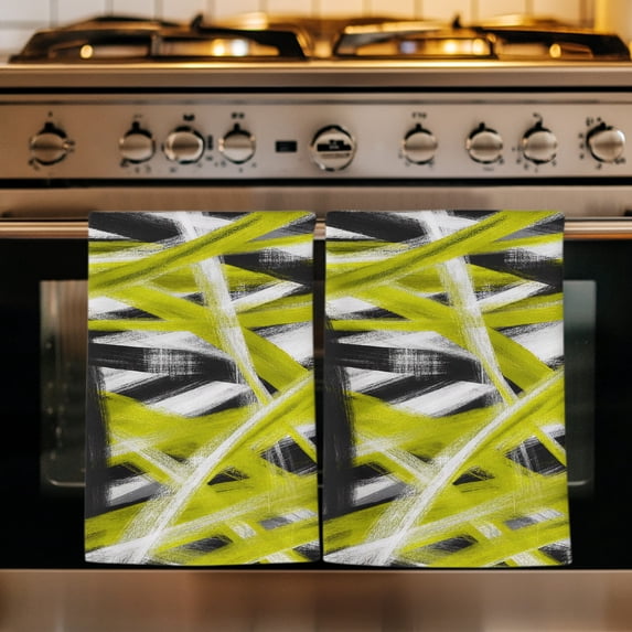 Abstract Yellow Waves Kitchen Towels Set of 3, Minimalist Modern Black Striped Absorbent Dish Towels for Kitchen, Microfiber Hand Towel, Quick Drying Tea Towel for Cleaning Decorative Dishcloths