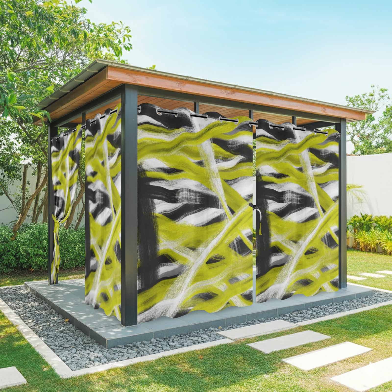 Abstract Yellow Waves Outdoor Curtains for Patio, Modern Minimalist Yellow Black White Crossed Lines Sunshade Privacy Drapes Grommet Waterproof Outside Curtains for Porch Balcony 54"x108", 1 Panel