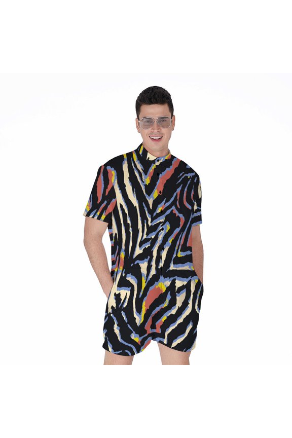Abstract Zebra Pattern Short Sleeve Men'S Rompers Casual Summer Jumpsuits Outfit