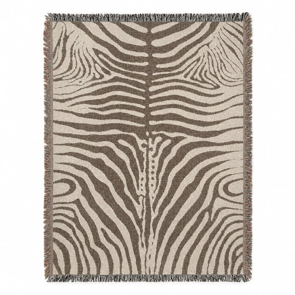 Abstract Zebra Stripe Woven Cotton Throw Blanket with Fringe, Neutral Animal Pattern