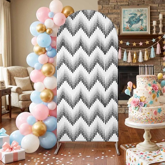 Abstract Zigzag Arch Backdrop Covers 4 FT, Optical Waves Black White Minimalist Stretchy Fitted Arched Stand Covers Party Arch Stand Cover Photo Booth for Wedding Birthday Decor