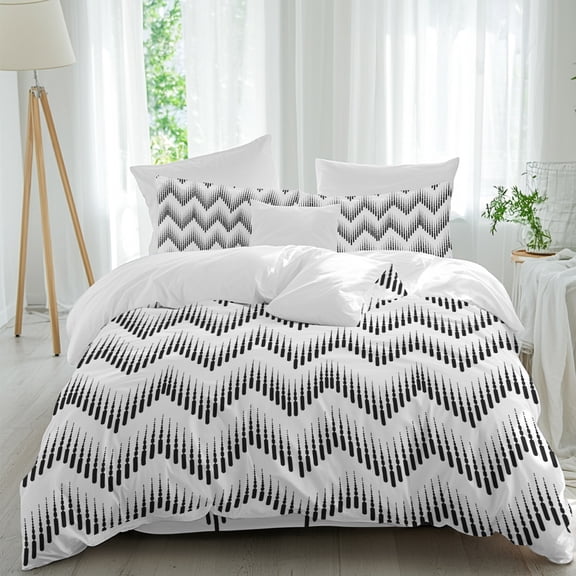 Abstract Zigzag Full Duvet Cover Set, Optical Waves Black White Minimalist 4 Piece Microfiber Bedding Set with Zipper Closure, Bed Sheet and 2 Pillow Shams, Soft Bedding Cover