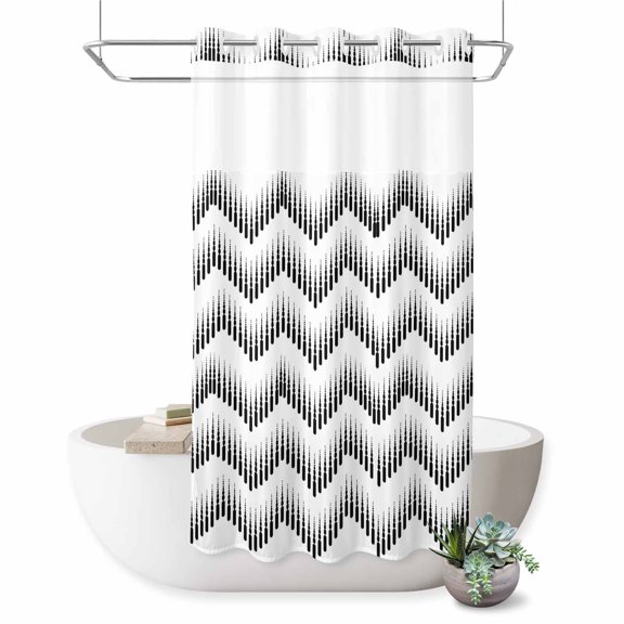 Abstract Zigzag No Hook Shower Curtain Optical Waves Black White Minimalist Shower Curtain with See Through Top Window, Waterproof Washable Fabric Curtain for Bathroom Hotel Decor, 36Wx72L