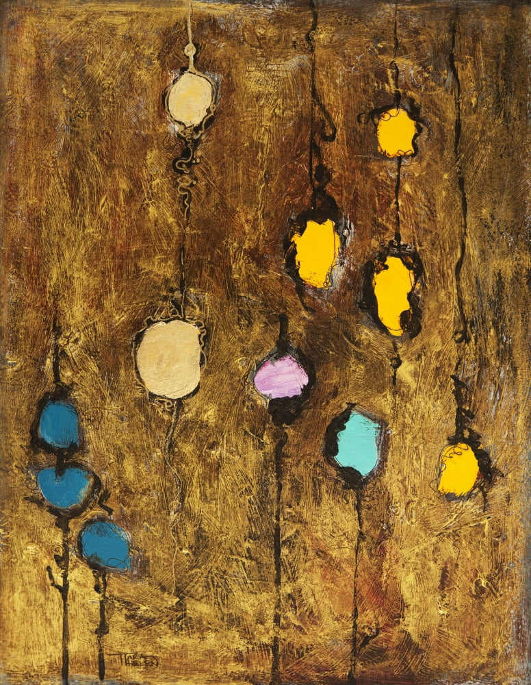 Abstract artwork of colourful circles on a brown grainy background Canvas Art - Tara Thelen Design Pics (26 x 32)