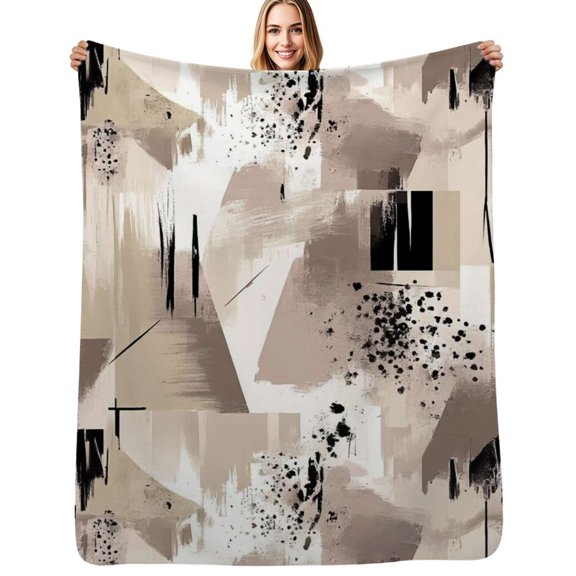 Abstract beige black artwork design Soft Blanket Travel Bedding Throws Flannel Bedspread Sofa Bed Cover