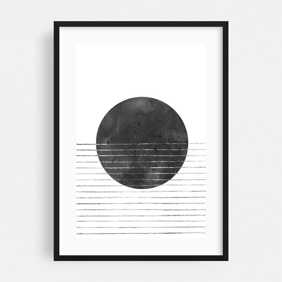 Abstract black sun - Mixed Media Abstract Minimalist Geometric Black and White Modern Art Line Art Black Framed Wall Art Print 20 x 30 inches