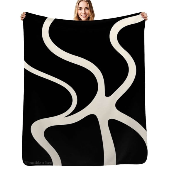 Abstract black white curves design Flannel Blanket Warm Soft Bedding Throws Winter Camping Chair Sofa Bed