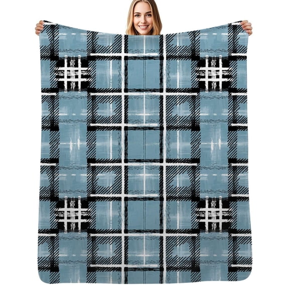 Abstract blue black white plaid pattern Flannel Blankets Soft Warm Throw Blanket Autumn Camping Bedroom Aesthetic Bedspread