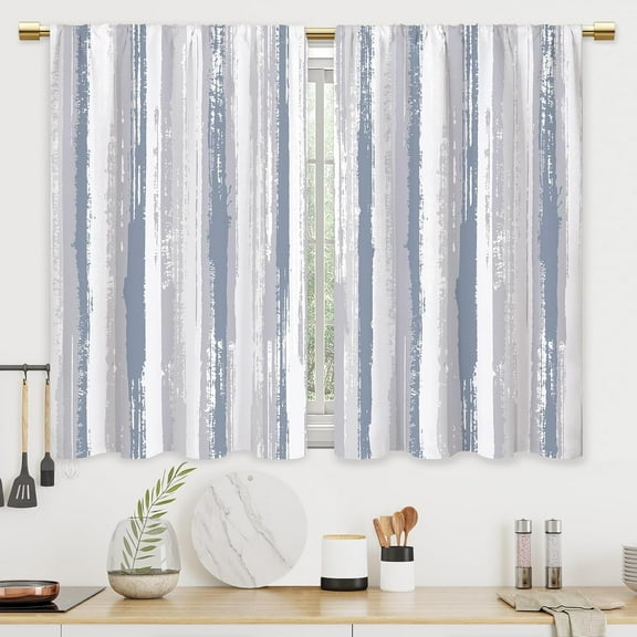 Abstract blue-gray stripes simple kitchen and bathroom curtains cafe small short curtains 2 pieces 28x40in