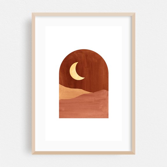 Abstract boho night landscape - Collage Desert Moon Minimalist Boho Night Sky Watercolor Abstract Oak Framed Wall Art Print 5 x 7 inches