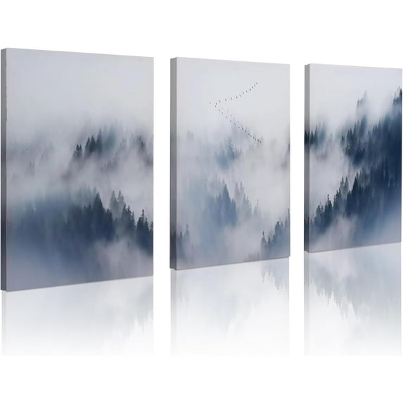Abstract canvas wall art for Living Room pictures wall decor Nordic forest Modern Wall Decor navy blue Gray Canvas Prints Foggy Forest Wall Art Poster Wall Decorations wall painting ready to hang